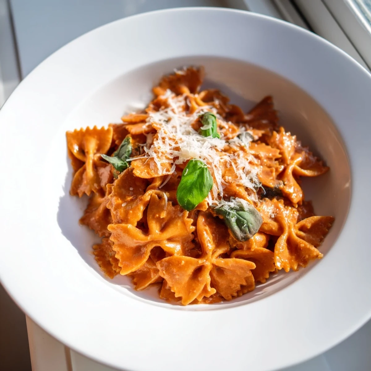 A close-up of Tomato Basil Bowtie Pasta showcases the rich sauce clinging to the bowties, with a sprinkle of fresh basil and Parmesan ready to serve.