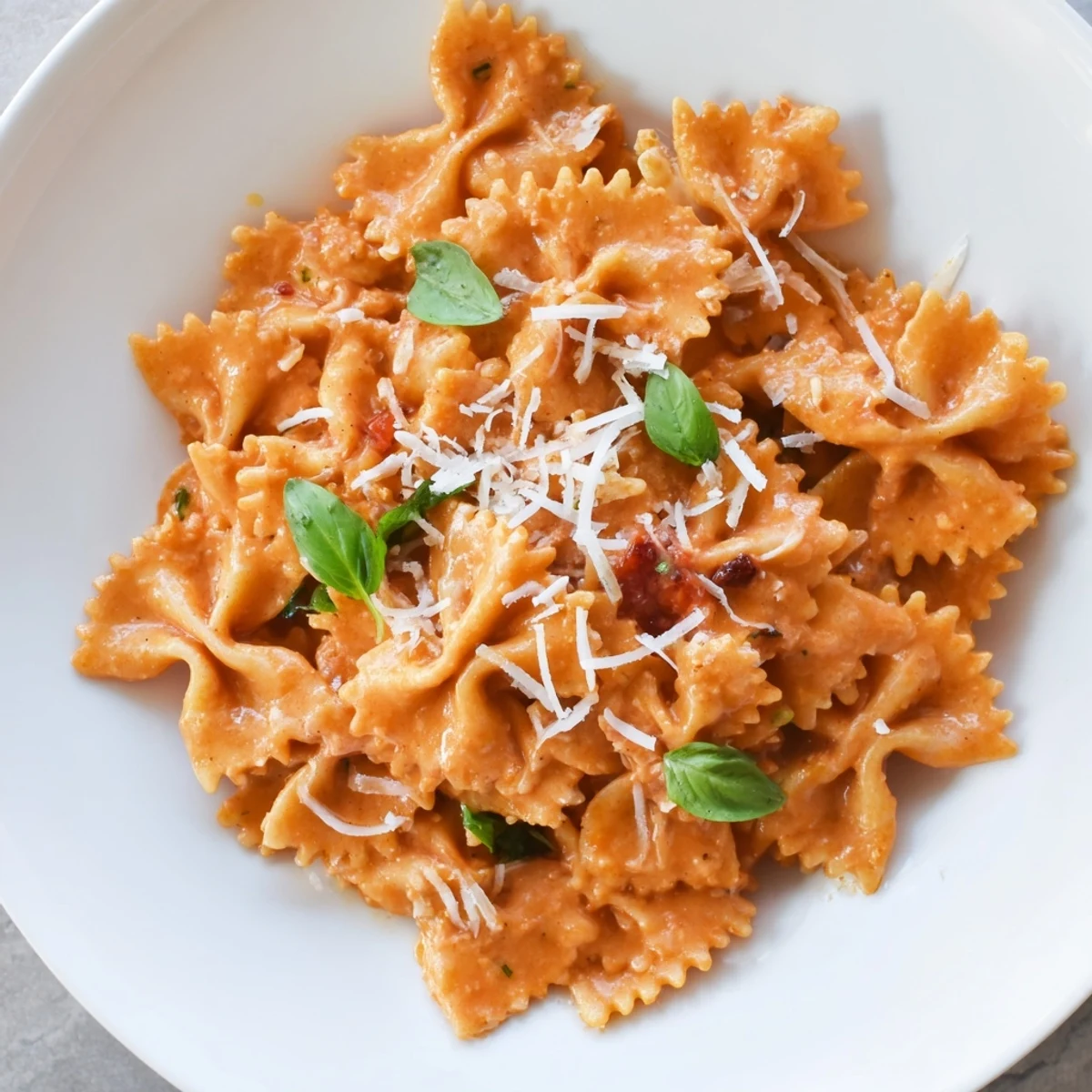 Steaming bowls of Tomato Basil Bowtie Pasta feature al dente farfalle coated in a silky tomato cream sauce, perfect for a quick vegetarian weeknight dinner.  