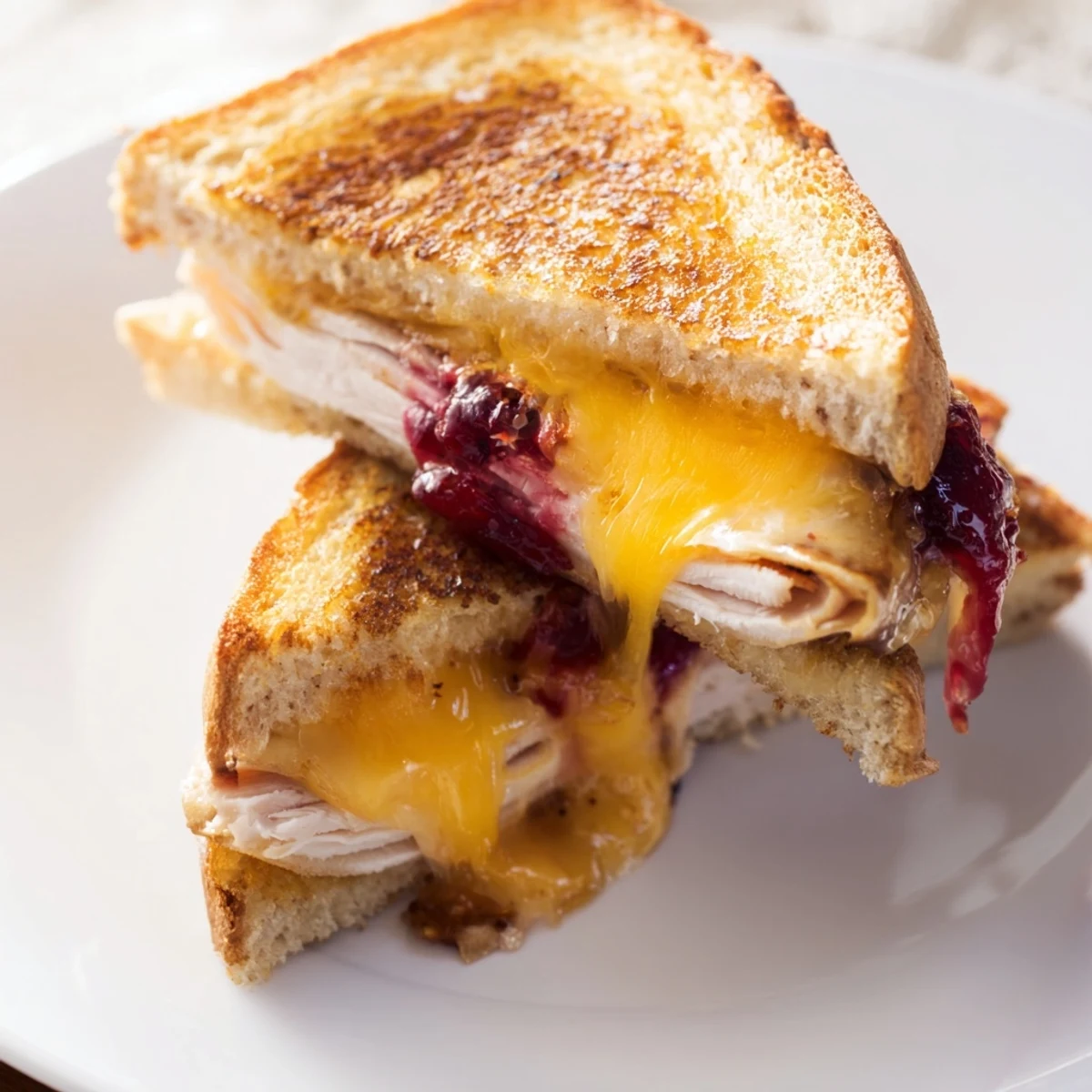 Golden toasted sourdough slices, layered with smoked turkey, sharp cheddar, and tangy cranberry spread, creating a warm, melty grilled cheese sandwich.
