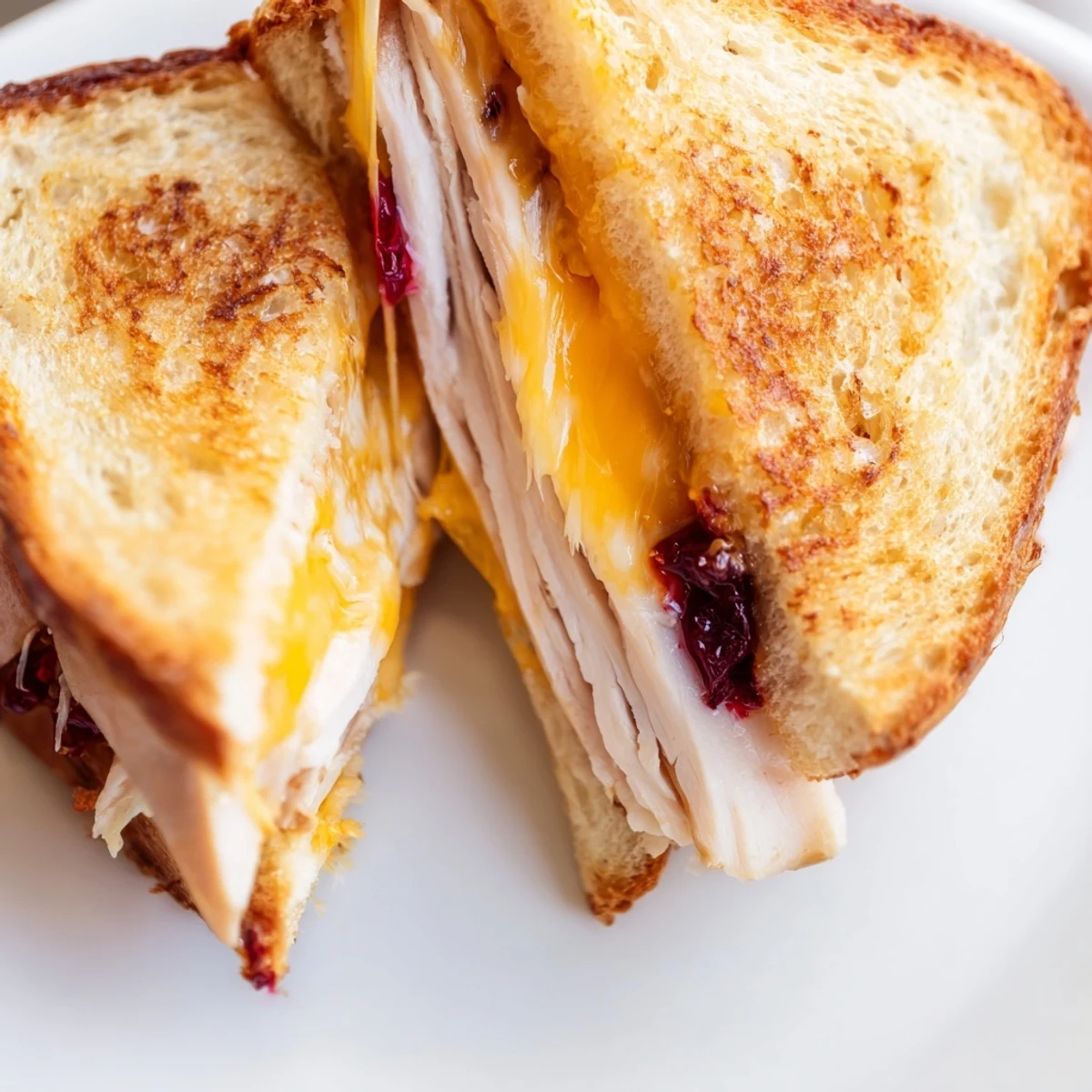 A close-up of a sliced smoked turkey grilled cheese, showing melted sharp cheddar and vibrant cranberry spread between buttery, golden-brown bread.