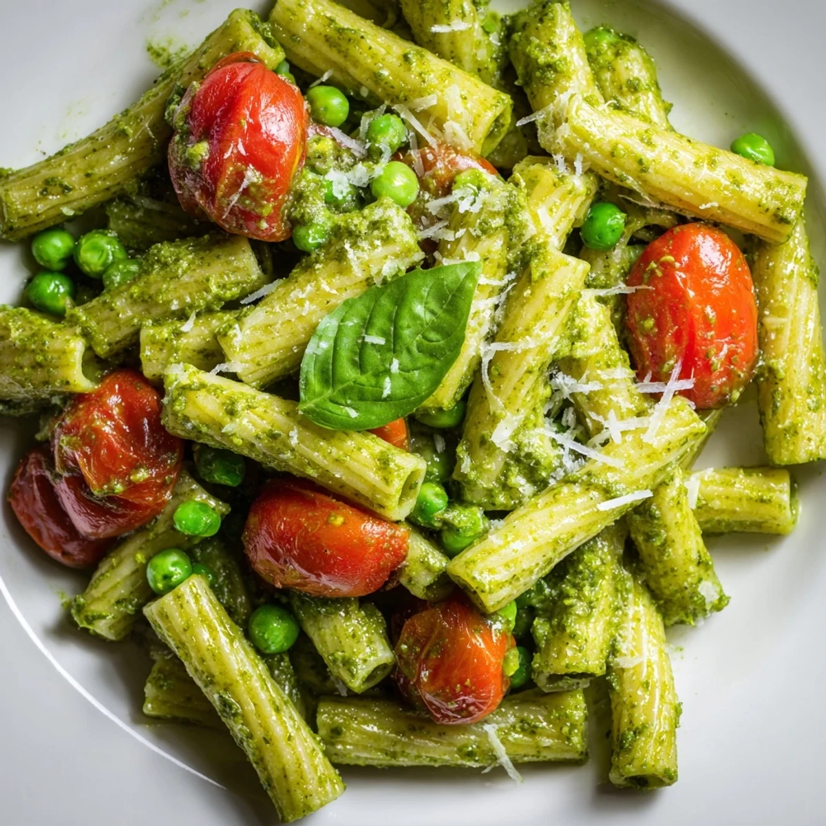 A vibrant bowl of Green Pesto Pasta Salad with halved cherry tomatoes and sweet peas tossed in glossy basil sauce.