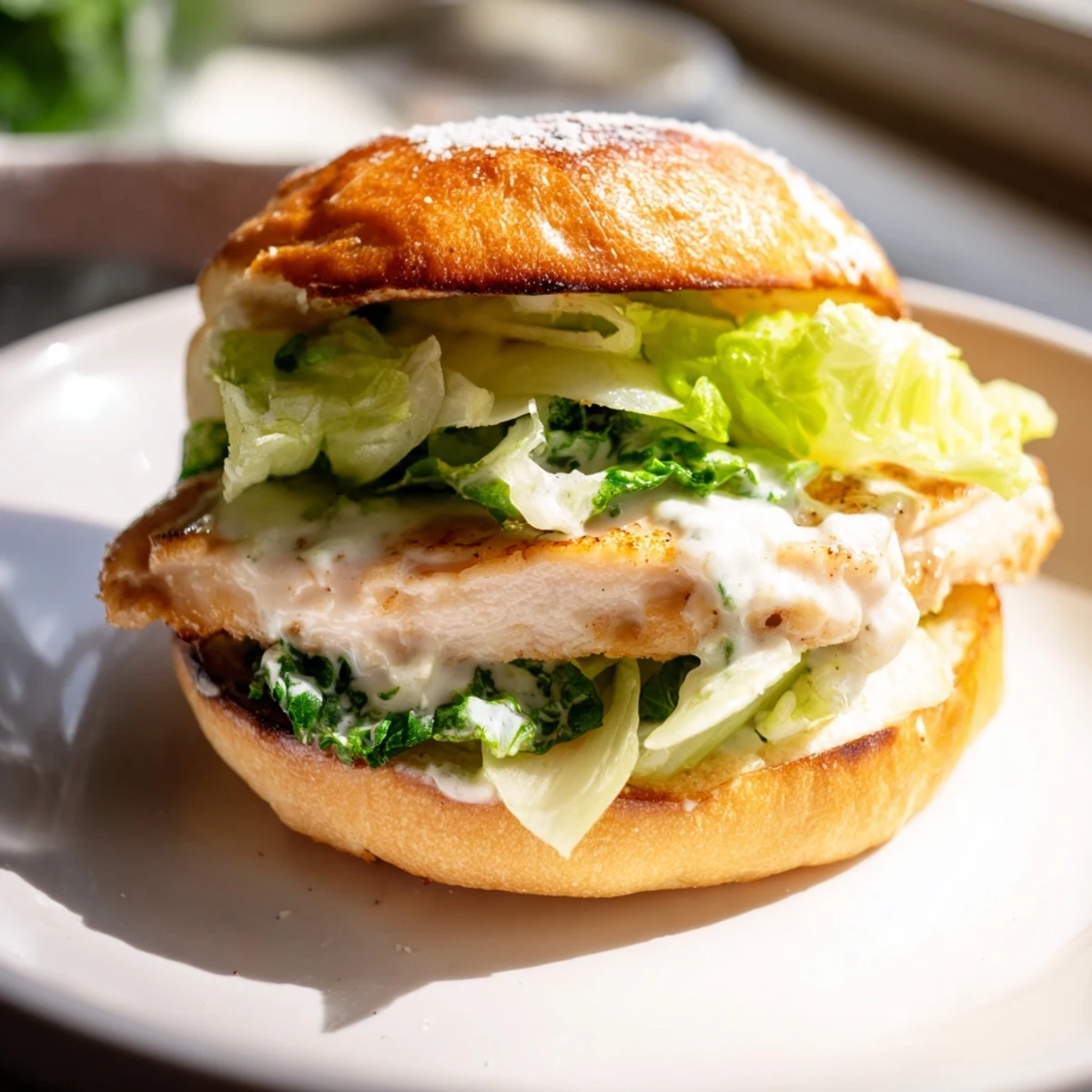 A close-up of a Caesar Chicken Sandwich, layered with Parmesan cheese and ready to serve with potato chips.  