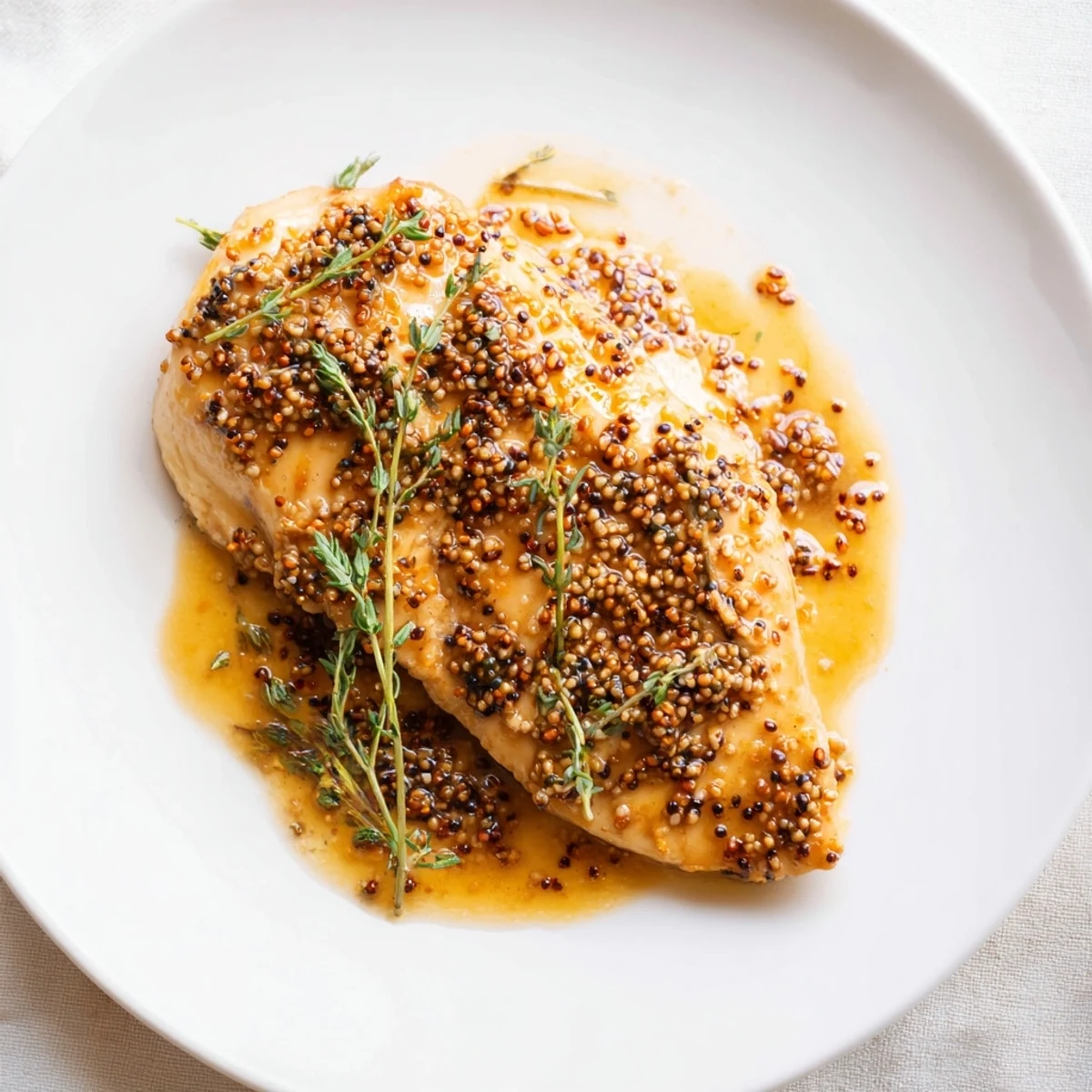 Close-up of juicy Honey Dijon Chicken Skillet slices, drizzled with sweet-tangy sauce alongside roasted veggies for a perfect weeknight dinner.