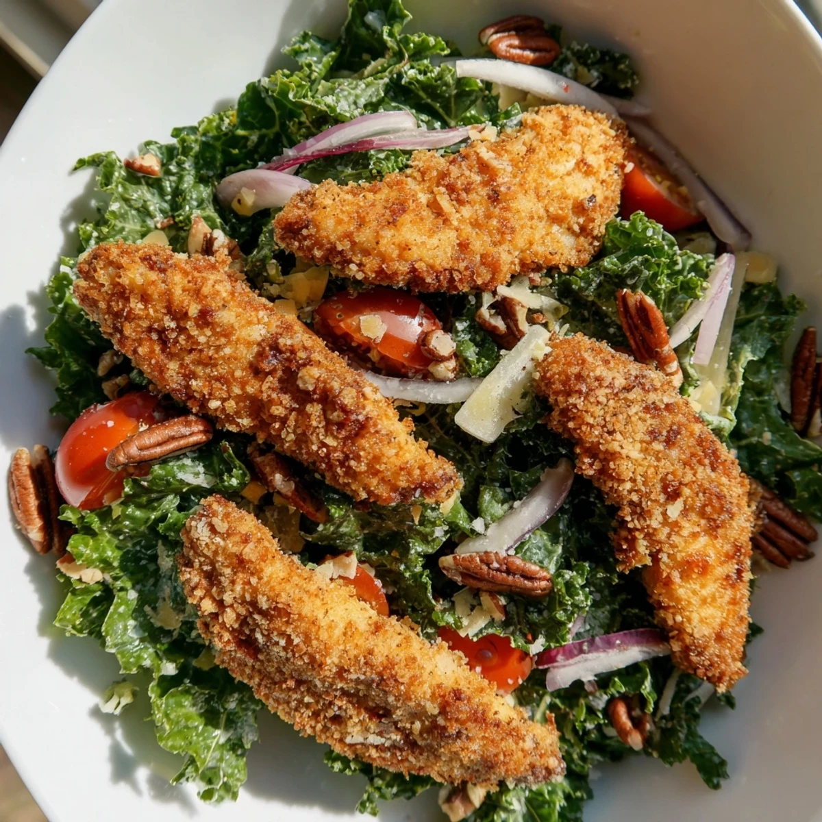 Crispy Chicken Kale Salad features golden, breaded chicken cutlets atop fresh, massaged kale with cherry tomatoes and a tangy maple-Dijon dressing.