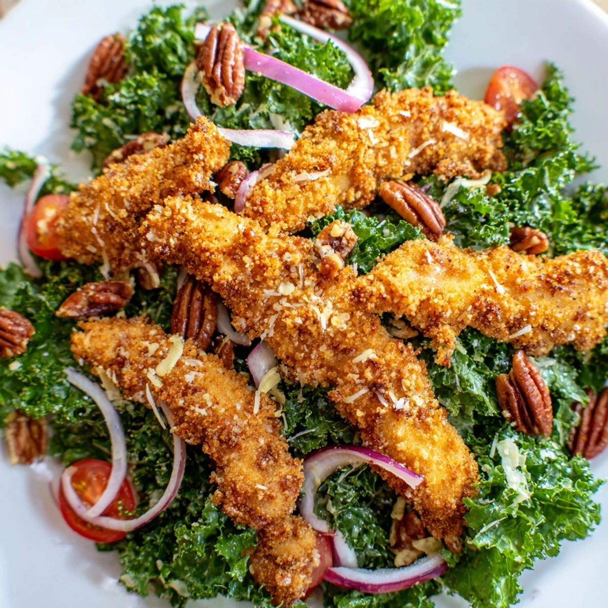This hearty American salad combines crunchy panko-coated chicken with tender greens, red onion slices, and optional toasted pecans for satisfying texture.