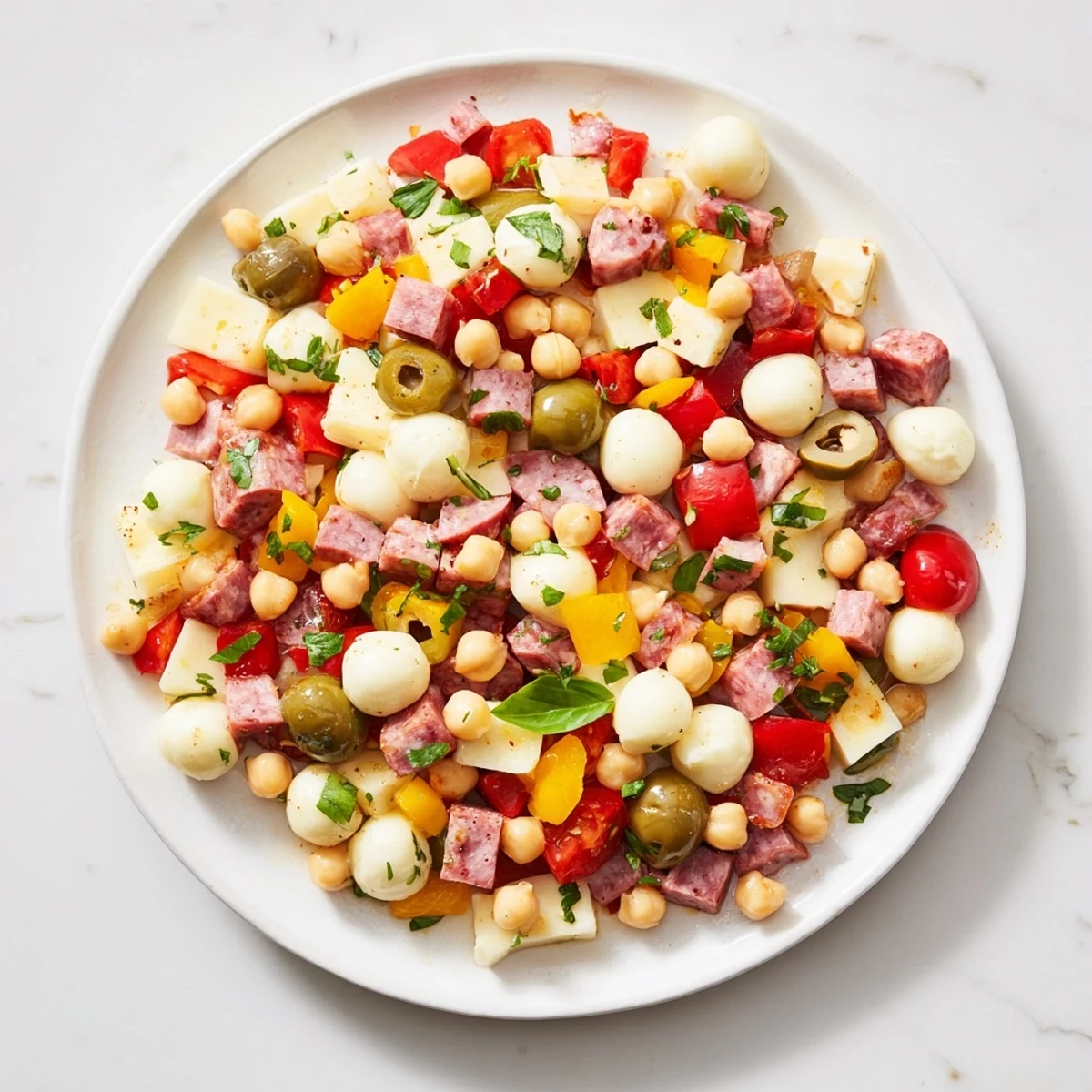 A vibrant bowl of Crunchy Antipasto Chopped Salad with colorful vegetables, salami, and mozzarella pearls in a zesty dressing.