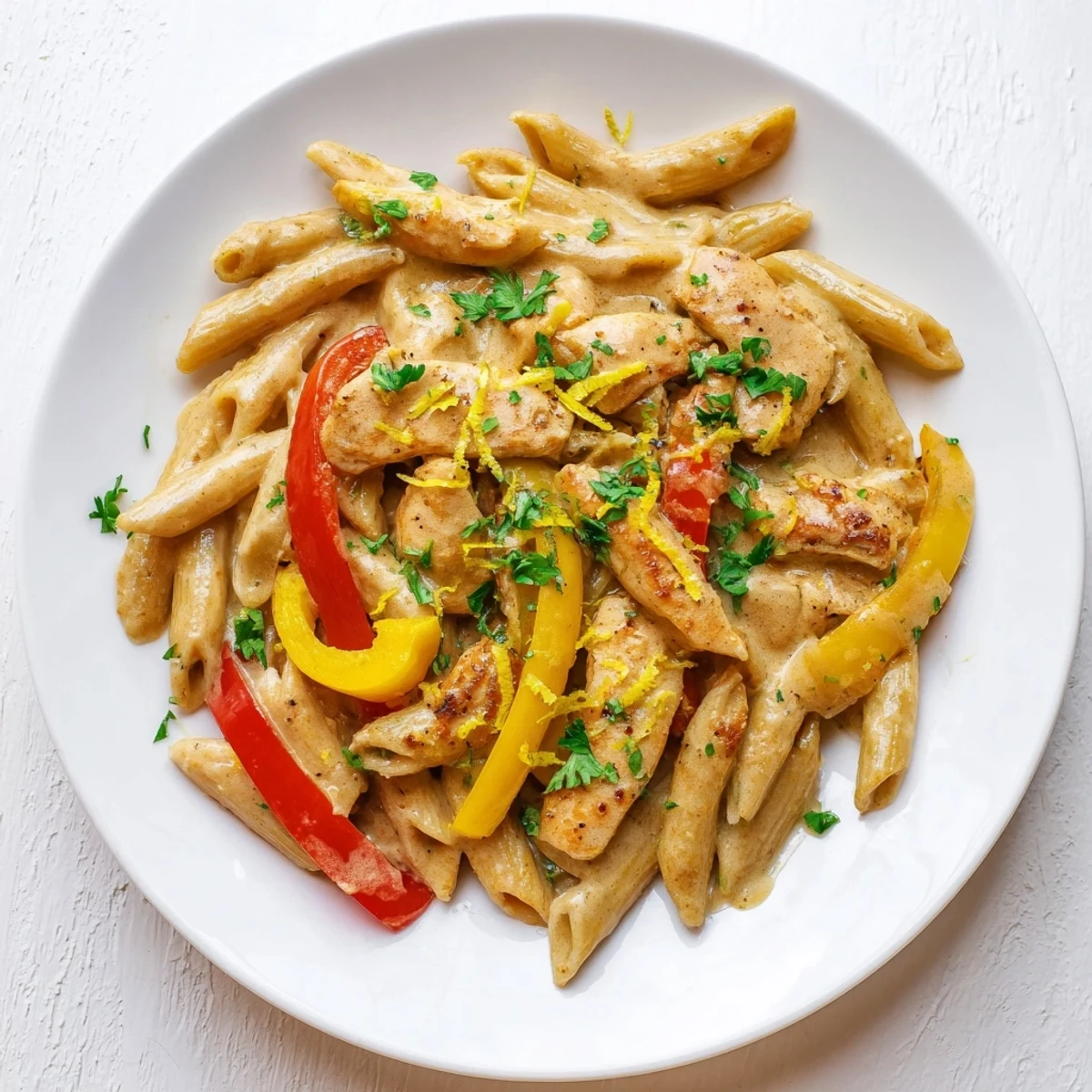 Overhead view of Creamy Cajun Chicken Pasta Lite, garnished with fresh parsley and served alongside a simple green salad for a light meal.