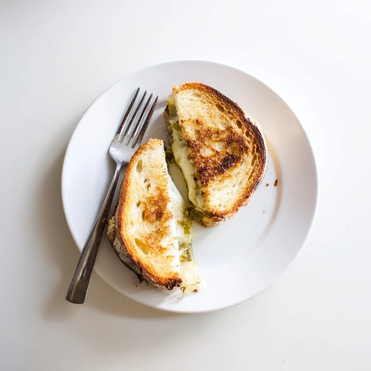 A decadent Havarti & Caramelized Leek Grilled Cheese with crispy golden crust, oozing cheese and sweet leeks on artisan bread.