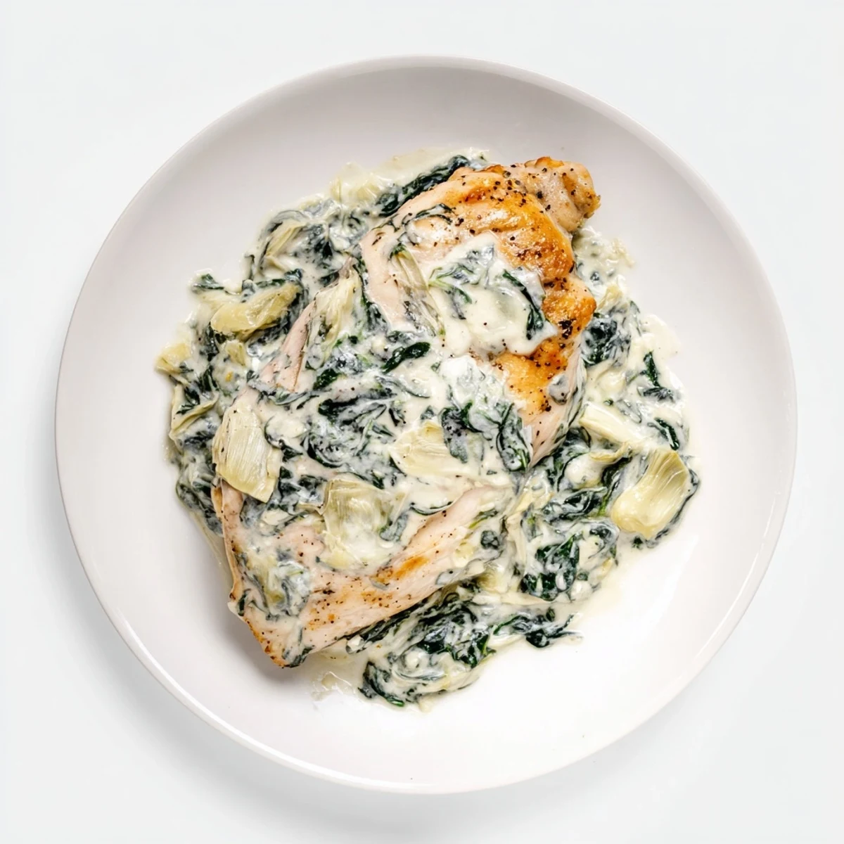 Tender chicken breasts smothered in a creamy spinach and artichoke topping, baked until golden and bubbling for a comforting weeknight meal.