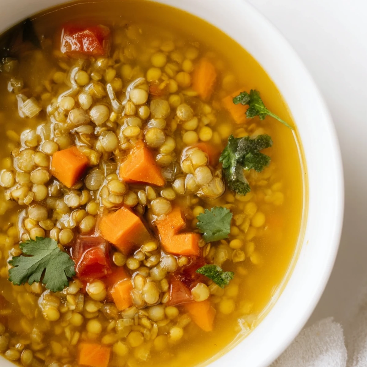 Closely focused on a ladle of homemade Mung Bean Soup, showcasing its rich, yellow hue and soft bean texture.