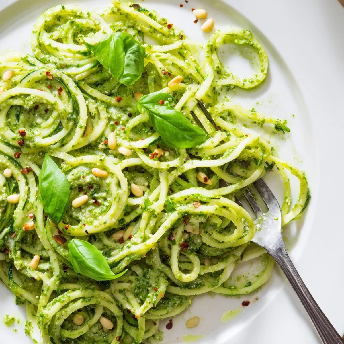 A close-up view of sautéed zucchini noodles tossed with vibrant pesto, ready for a quick, healthy Italian-inspired dinner.