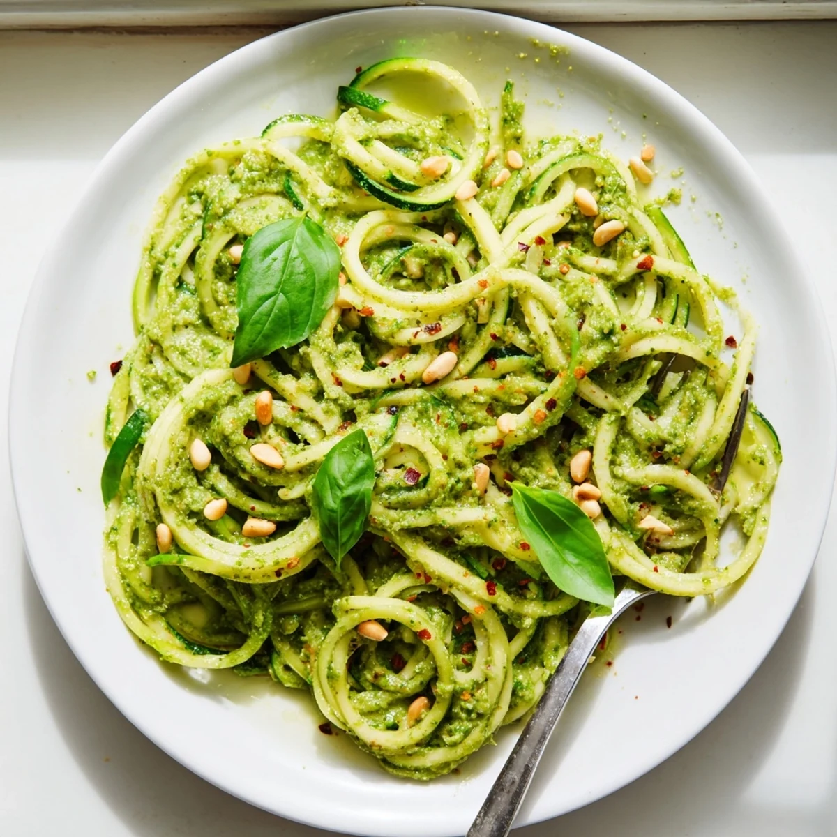 Bright green zucchini noodles with homemade basil pesto, garnished with fresh basil and grated Parmesan, served on a white plate.