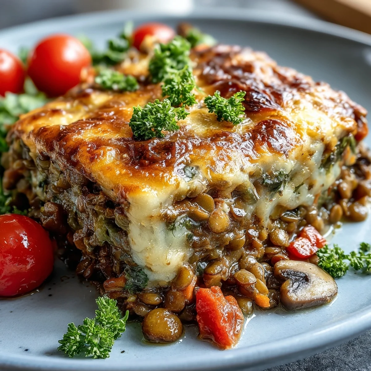 Green Lentil and Vegetable Casserole, bubbling golden with fresh parsley garnish.