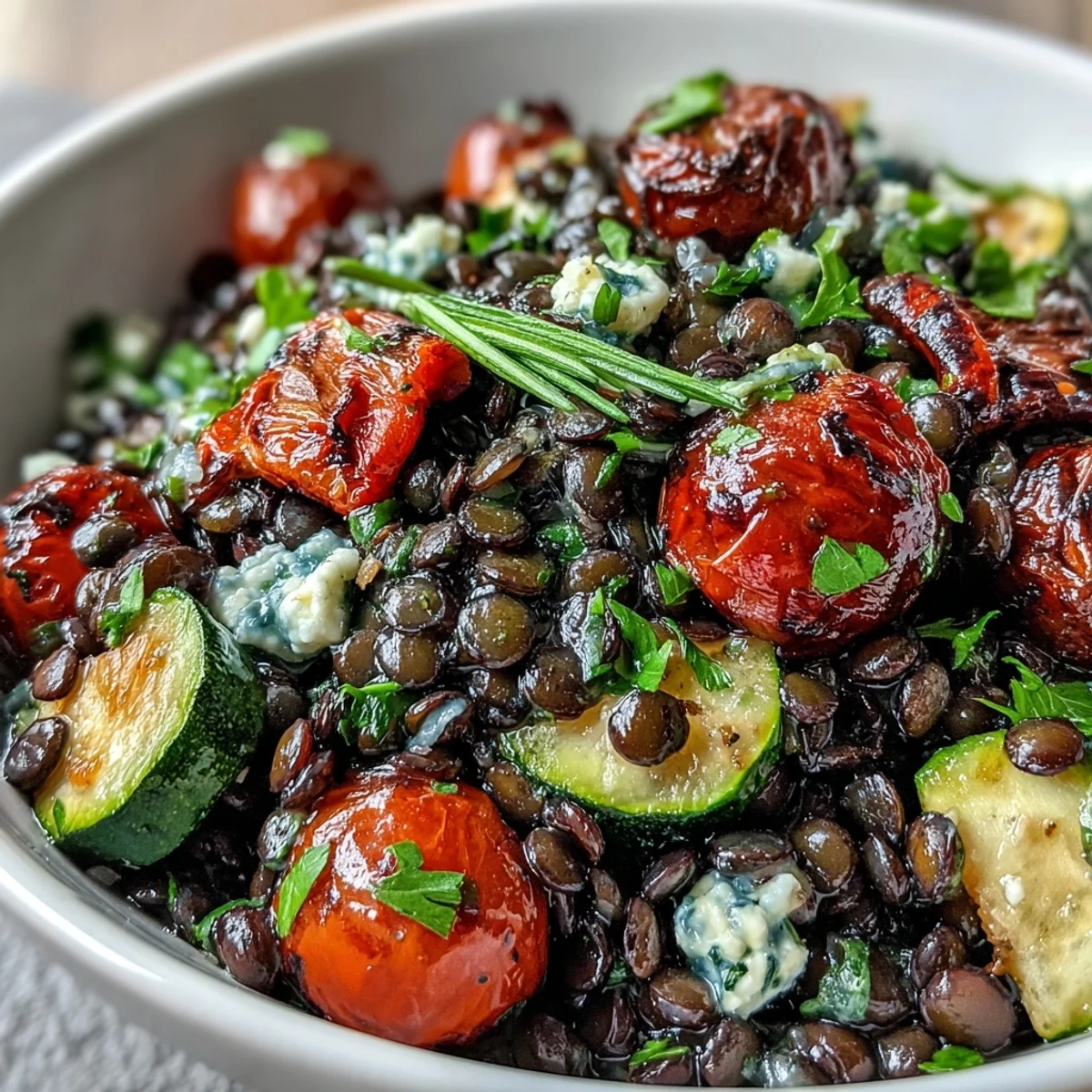 A close-up of the Black Lentil Salad with Roasted Vegetables, showcasing tender lentils and caramelized veggies drizzled with lemon dressing.