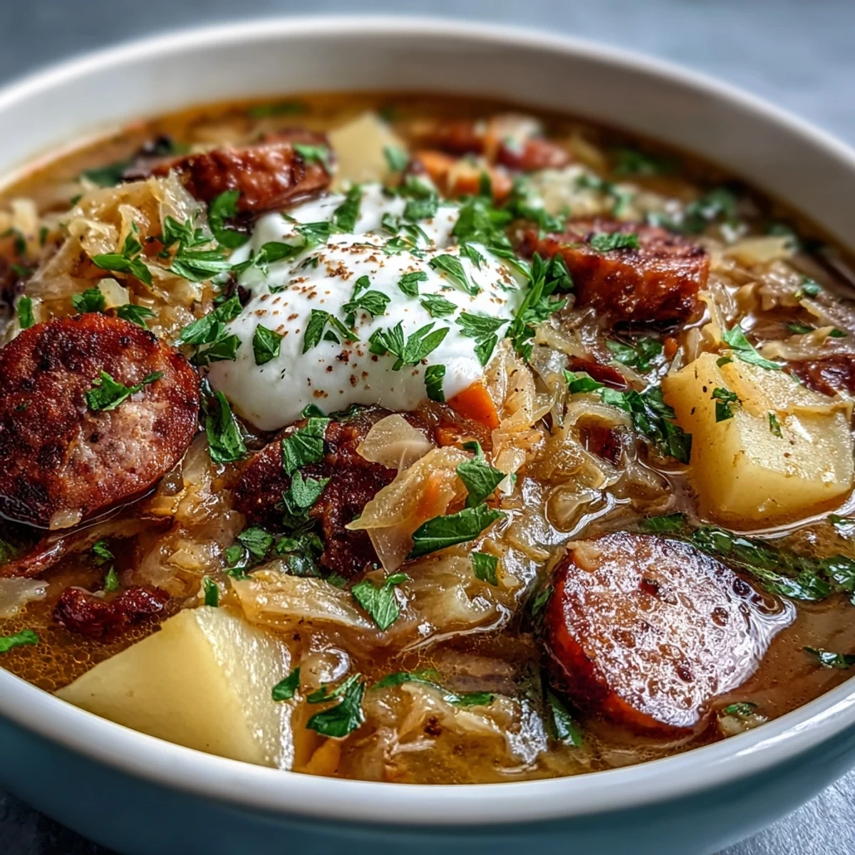 A warm bowl of Sauerkraut Soup topped with sour cream and parsley, served with rye bread.
