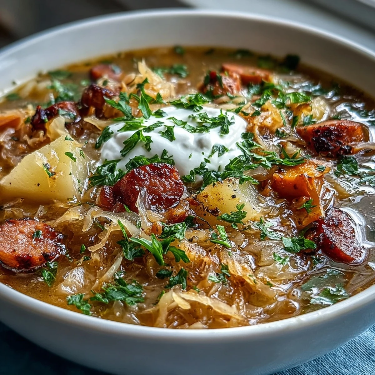 Steaming Sauerkraut Soup with smoked sausage, potatoes, and carrots, ready to enjoy on a cozy day.