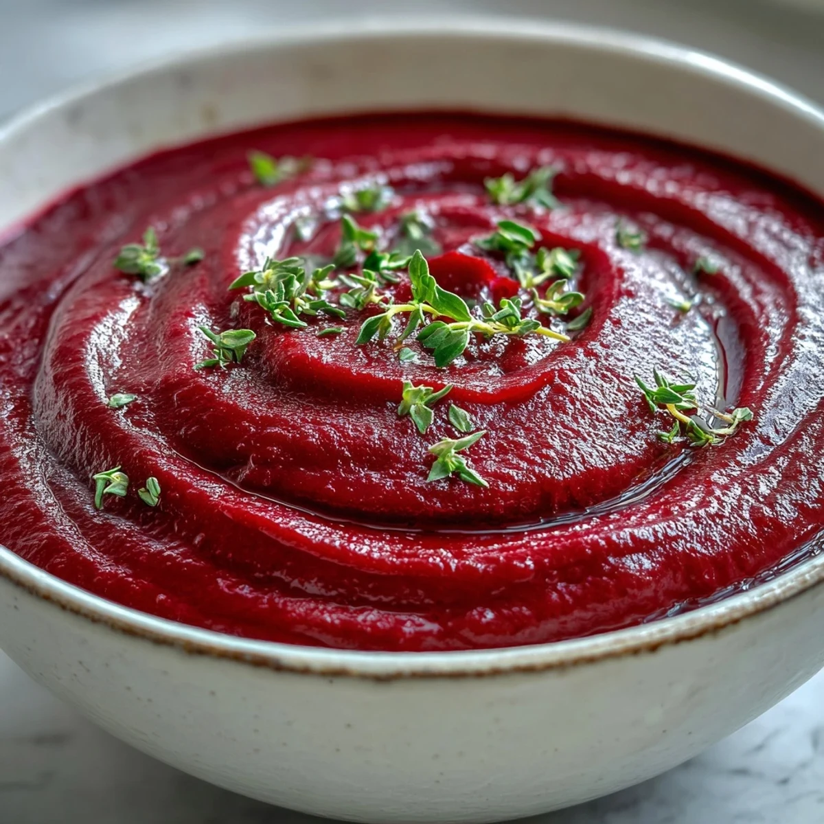 Bright orange roasted beet soup swirls with creamy white dollops and fresh thyme garnish in a white bowl.