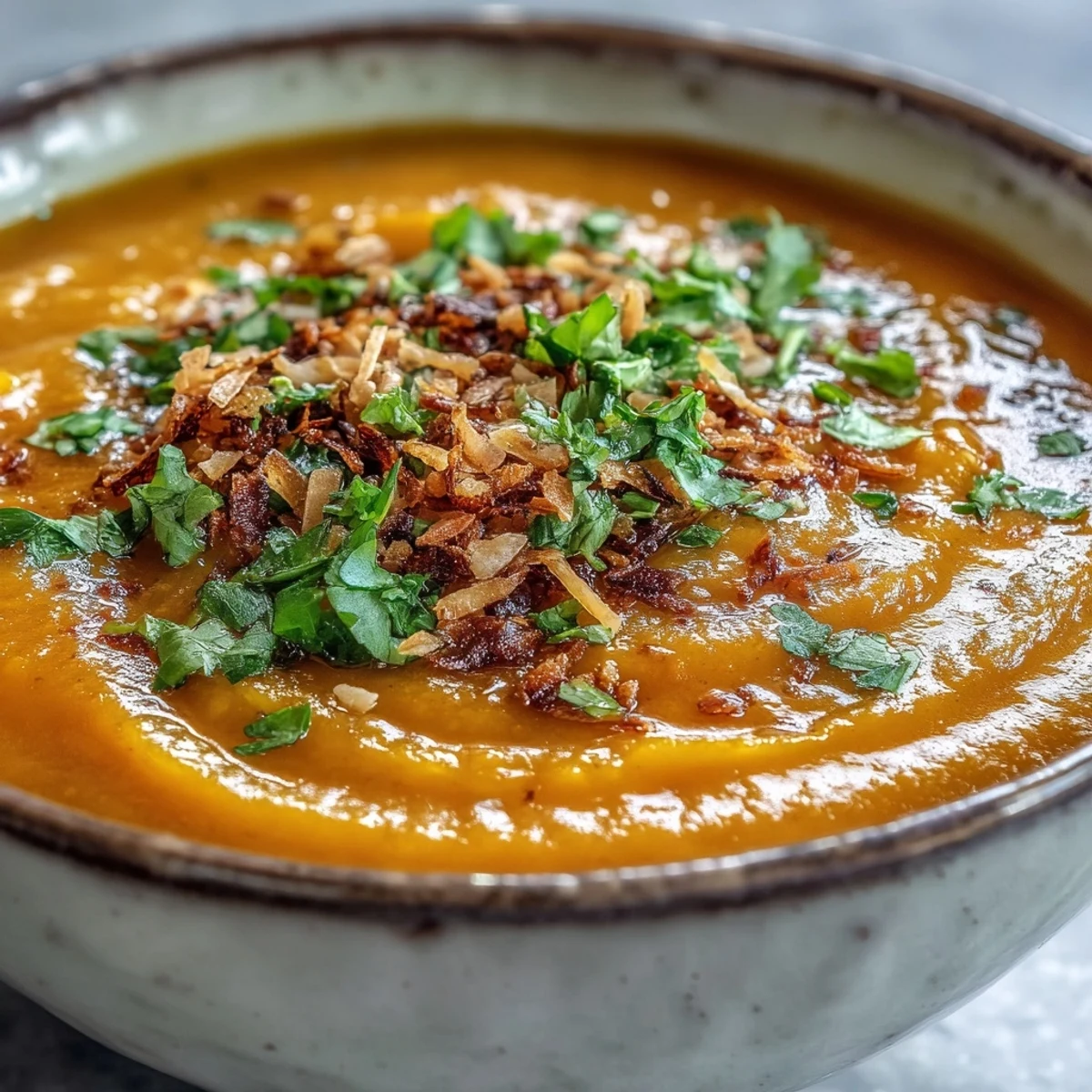 Creamy Carrot and Coconut Soup served steaming hot, garnished with fresh cilantro and toasted coconut flakes.