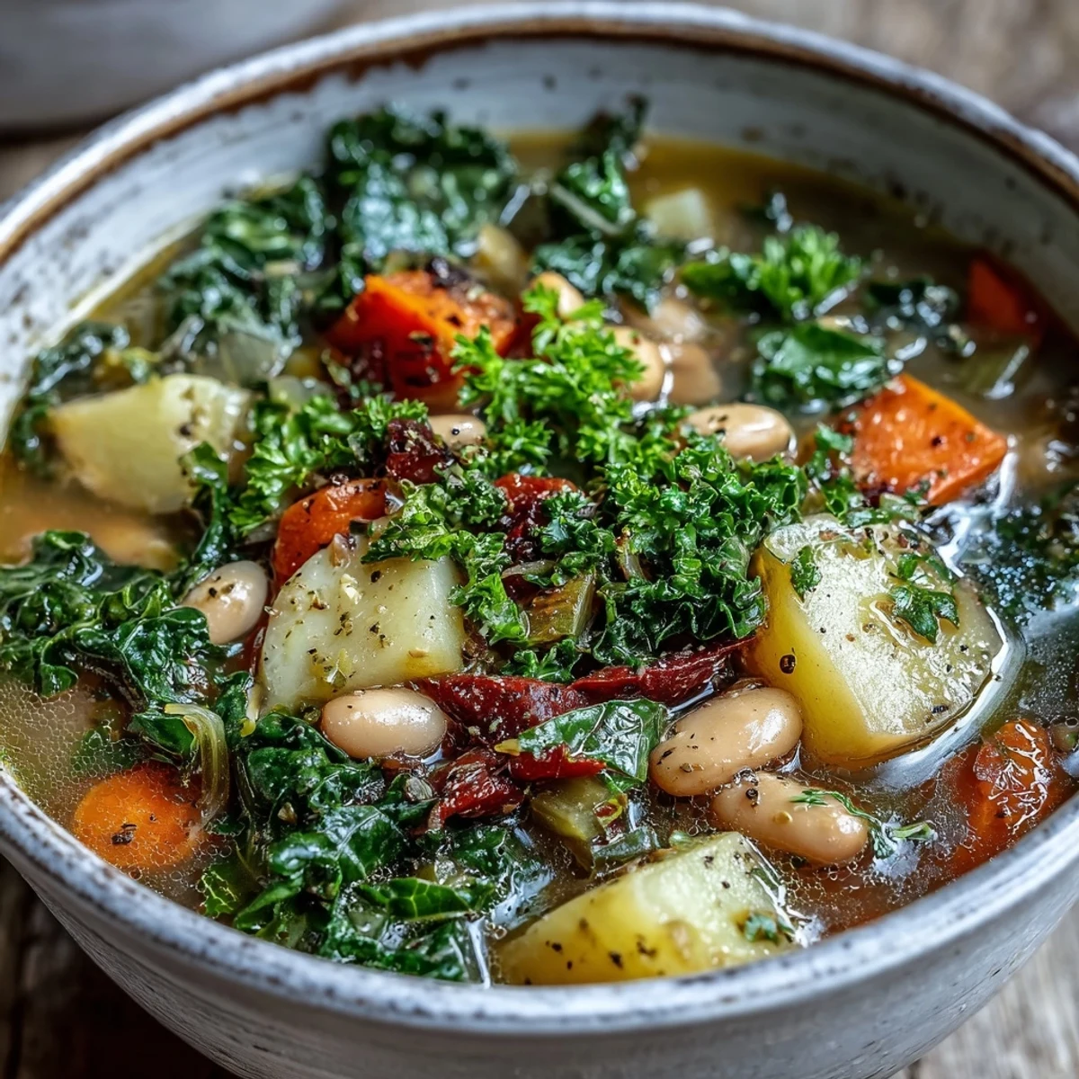 A steaming bowl of Kale Soup with tender kale, carrots, and creamy white beans, served hot.