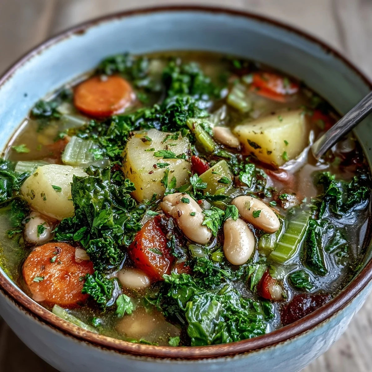 Spoon serving a nutritious Kale Soup, garnished with thyme and lemon juice, next to crusty bread.