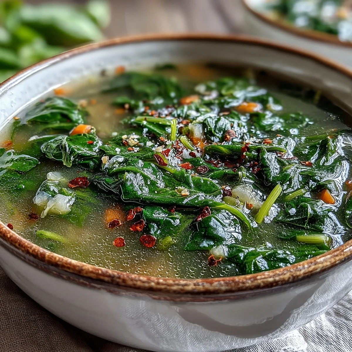 Rustic pot of Swiss Chard Soup served beside crusty bread, showcasing vibrant greens and diced vegetables.