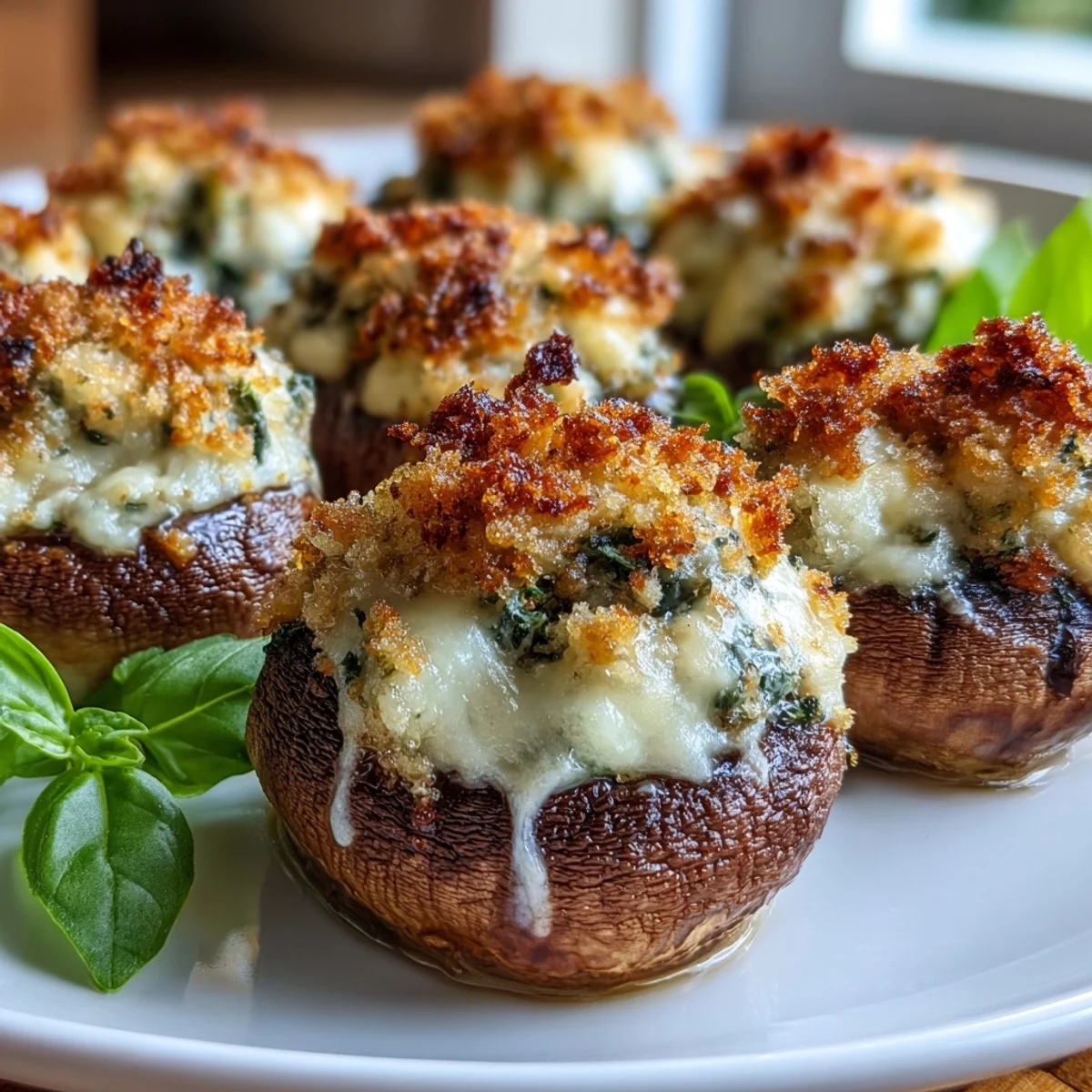 Seven Stuffed Asiago-Basil Mushrooms arranged neatly on a dark platter, showcasing their cheesy filling and savory breadcrumb topping.