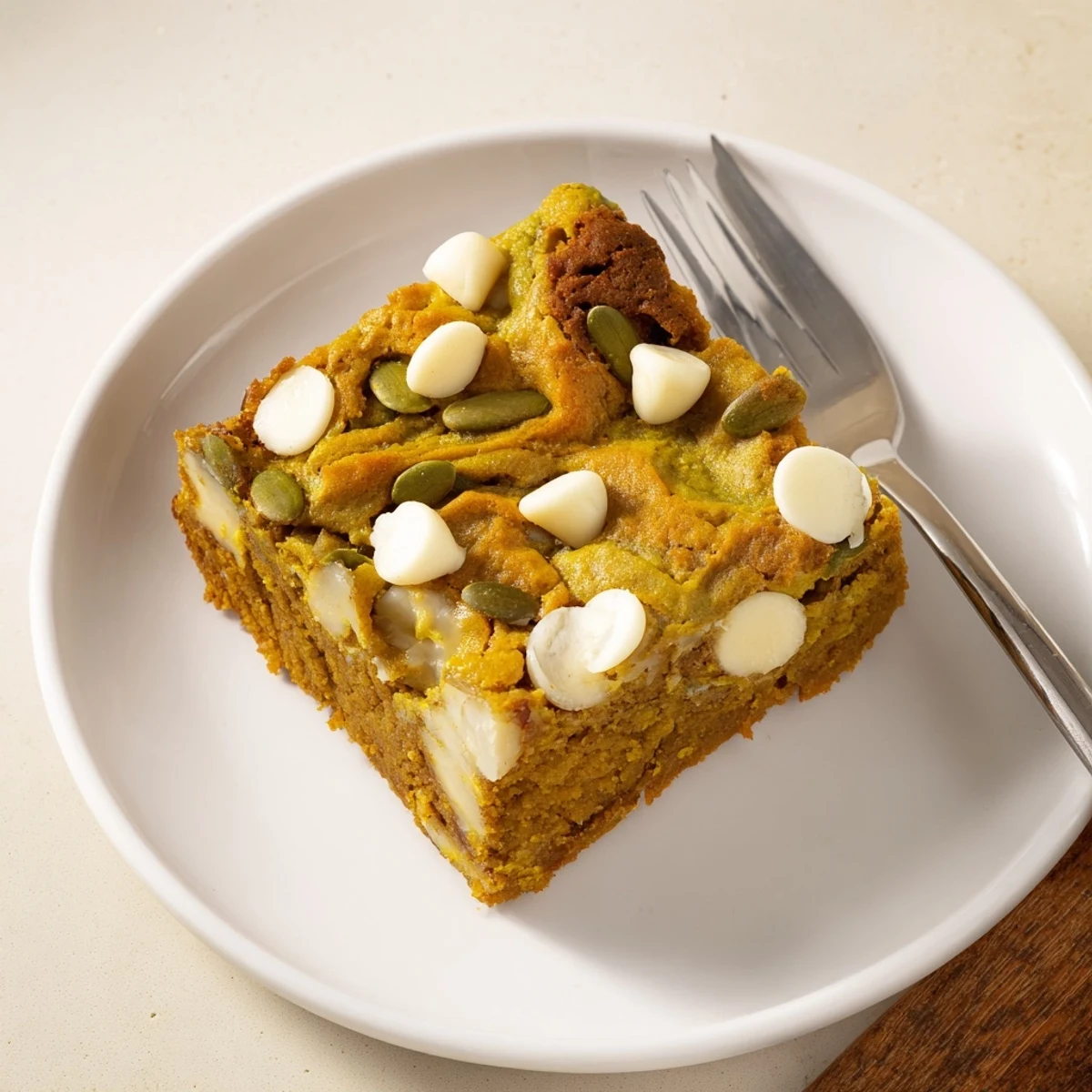 Moist Matcha Pumpkin Muffin Blondies topped with white chocolate for autumn delight.  