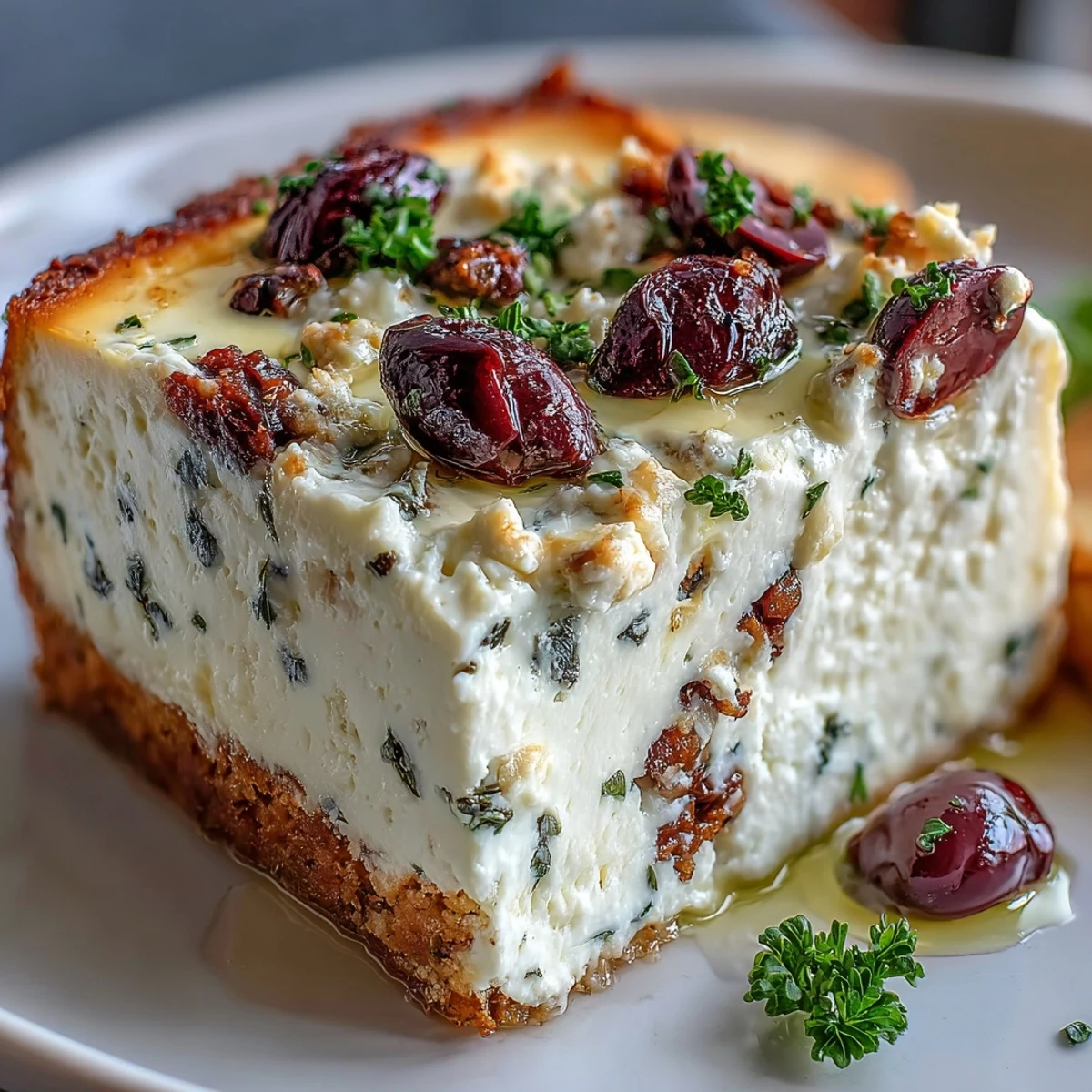 Savory Kalamata Cheesecake Appetizer plated on a marble counter, garnished with parsley and a light drizzle of extra virgin olive oil.