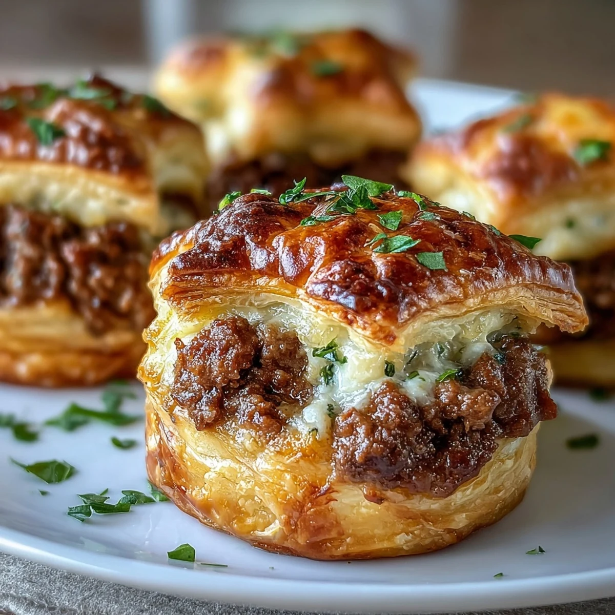 Golden, flaky Mini Beef Tourtières with a savory, spiced ground beef filling are served on a rustic wooden board.