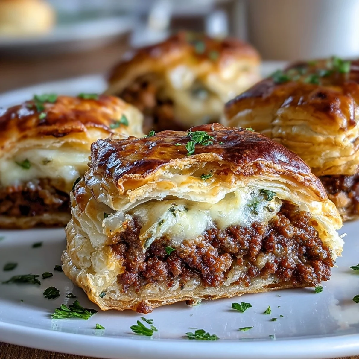 Two Mini Beef Tourtières are plated with cranberry chutney and fresh parsley, showcasing a creamy, flaky pastry.