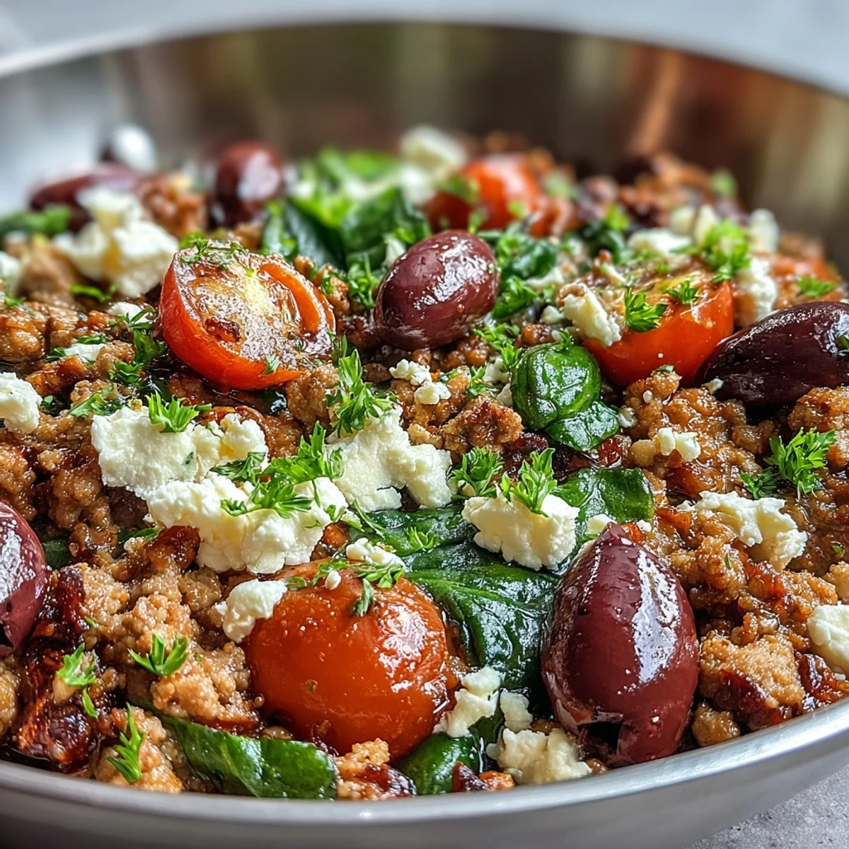 Served warm in a rustic skillet, Mediterranean Keto Ground Chicken Skillet with Olives and Feta features bright lemon juice and fresh parsley.