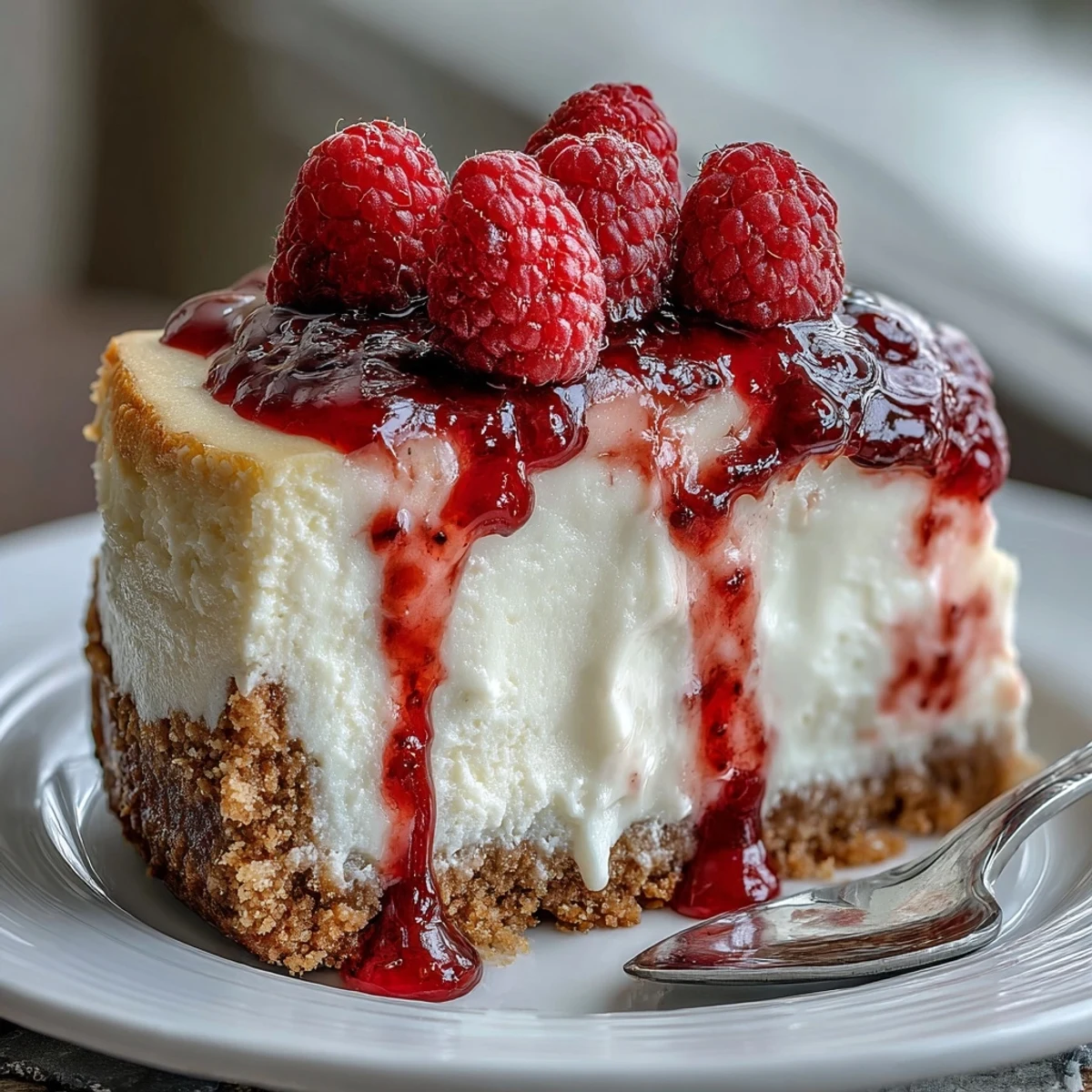 Freshly sliced Indulgent White Chocolate Raspberry Cheesecake Bliss reveals a buttery graham cracker crust and a creamy, swirled filling. 