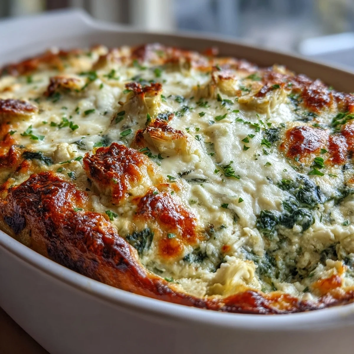 Golden-baked High Protein Spinach Artichoke Bake fresh from the oven, bubbling with cottage cheese and feta, served as a low-carb dinner.