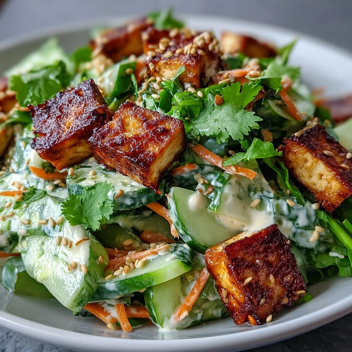 Creamy Asian Cucumber Salad with Crispy Tofu on a plate, featuring golden-brown tofu cubes and vibrant green cucumber slices drizzled with sesame-ginger dressing.