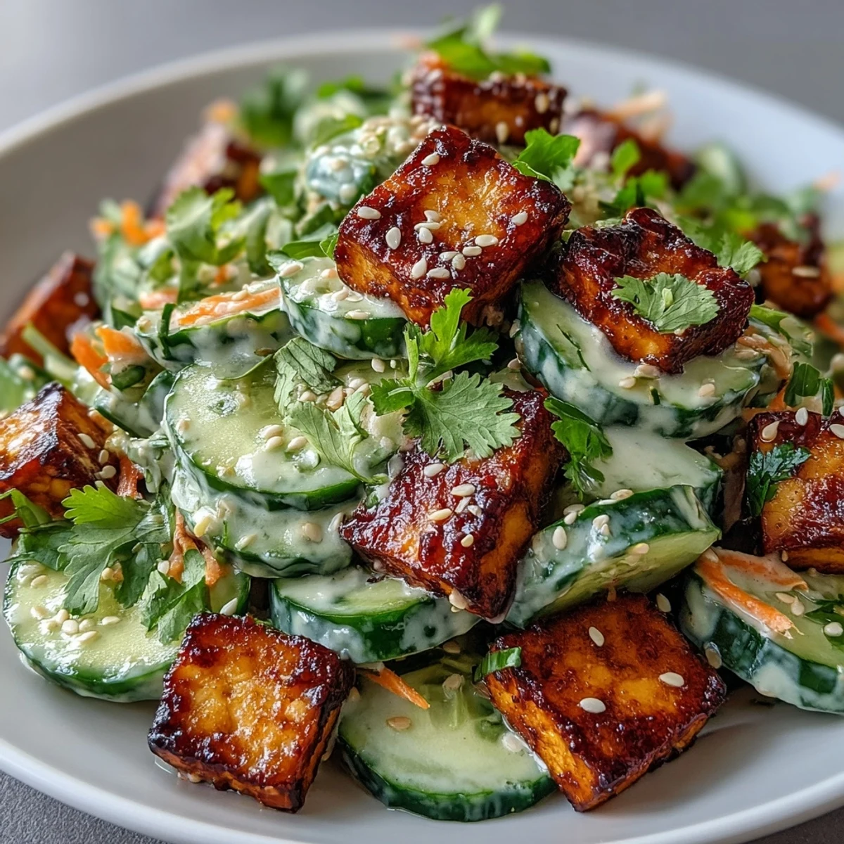 Serving suggestion for Creamy Asian Cucumber Salad with Crispy Tofu, perfect for a light lunch or as a refreshing side dish.