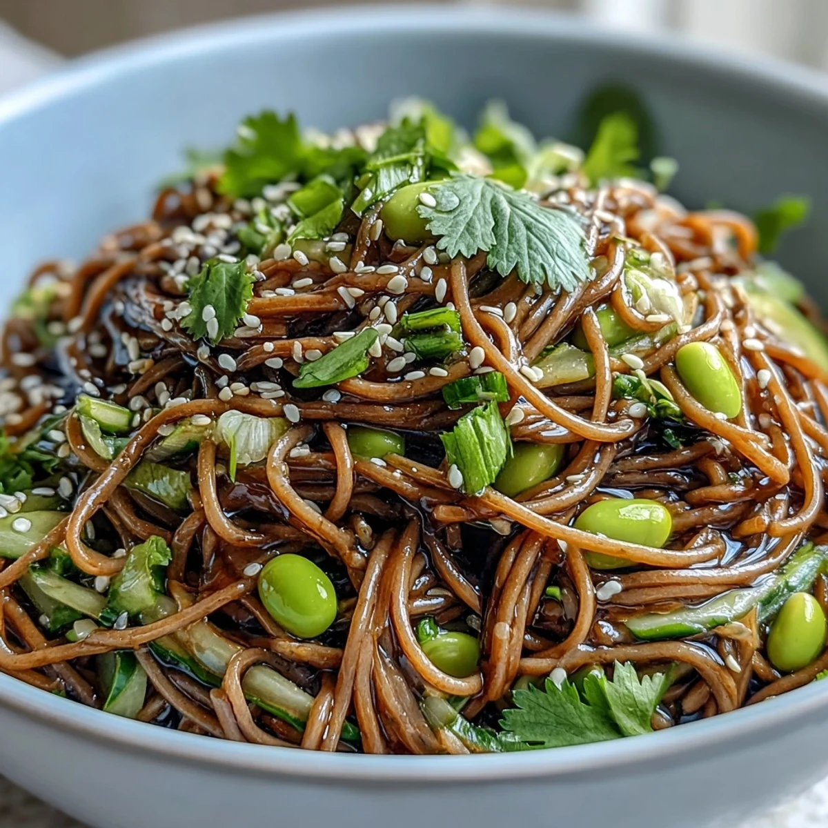 Freshly cooked soba noodles tossed with crisp julienned carrots and cucumber in a savory sesame dressing.