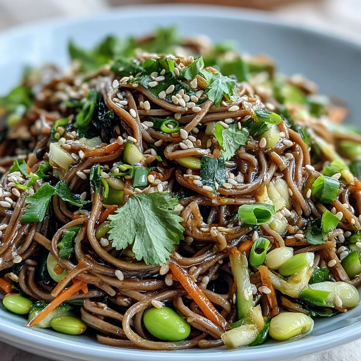 Soba noodle bowl topped with shelled edamame, scallions, and toasted sesame seeds ready to serve.