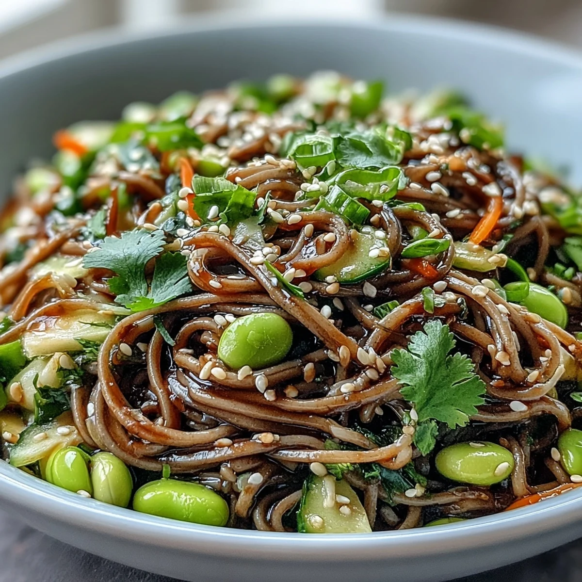 Cold soba noodle bowl with vibrant vegetables, edamame, and sesame garnish on a rustic plate.