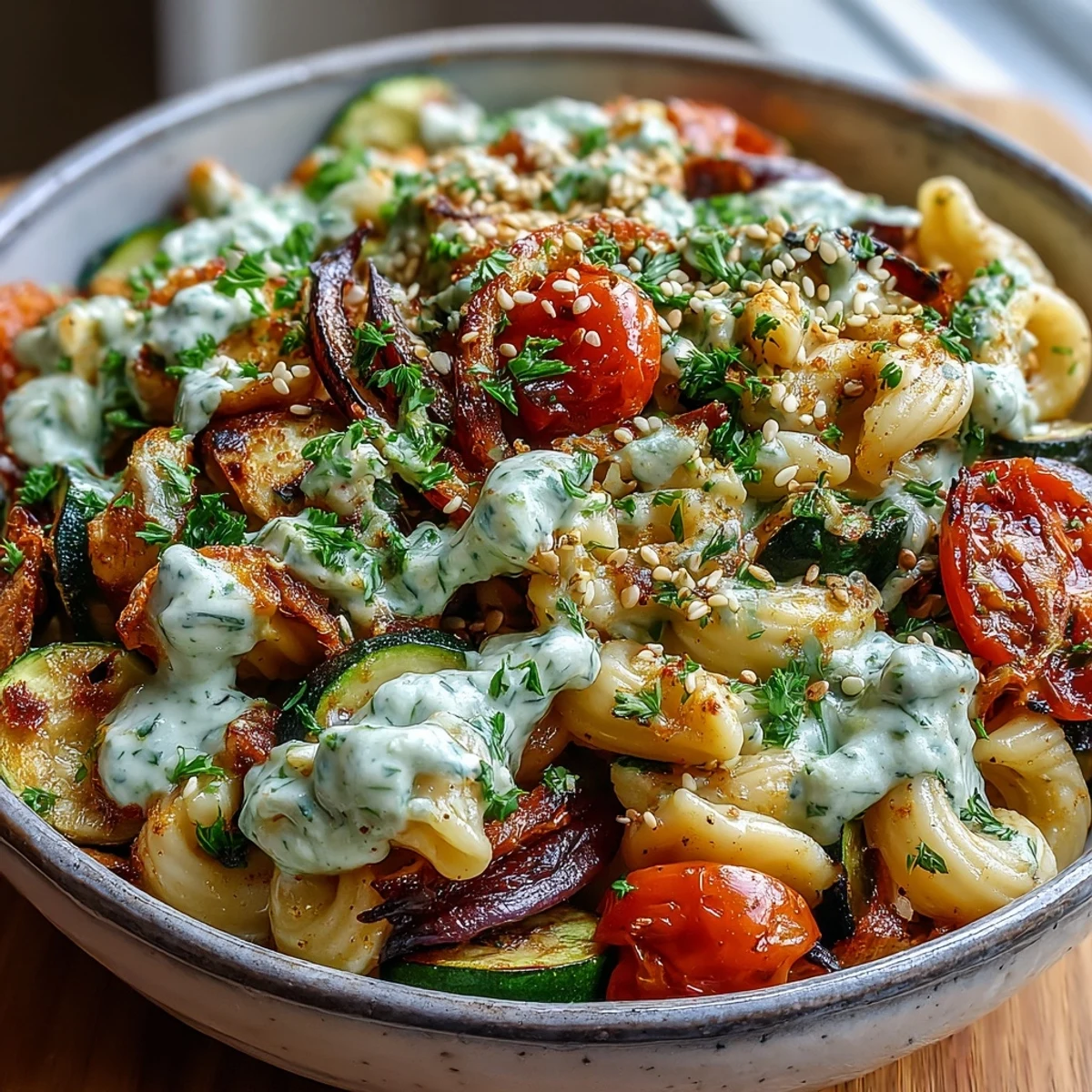 Chickpea pasta bowl featuring colorful roasted vegetables and creamy tahini sauce, garnished with parsley and sesame seeds. 