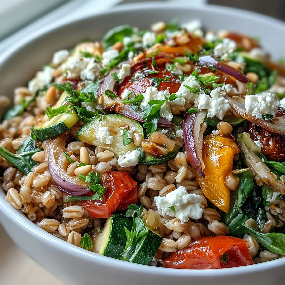 A vibrant Farro Pasta Bowl features al dente grain pasta tossed with sautéed zucchini, red bell peppers, and cherry tomatoes, all drizzled with a zesty lemon-oregano olive oil dressing.