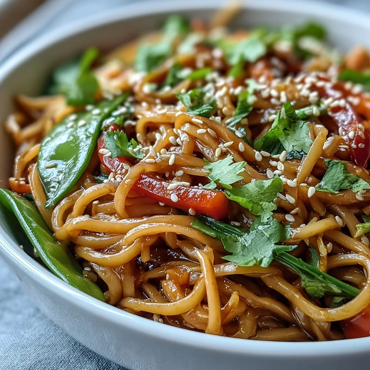 Tossed Shirataki Noodle Bowl with crisp bok choy, bell pepper, and snow peas in a fragrant ginger sauce.
