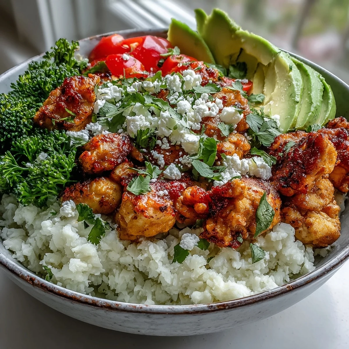 A vibrant Cauliflower Rice Bowl topped with grilled chicken, colorful veggies, and creamy avocado slices.