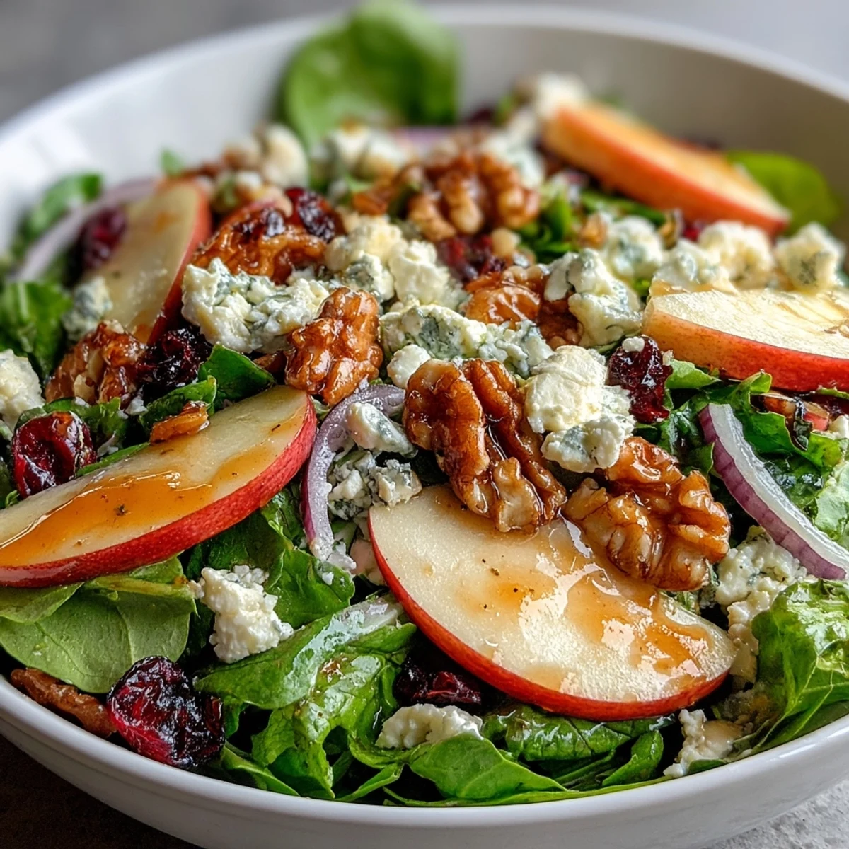 Homemade Mixed Greens and Apple Bowl topped with tangy cider vinaigrette and dried cranberries, served as a light vegetarian lunch.