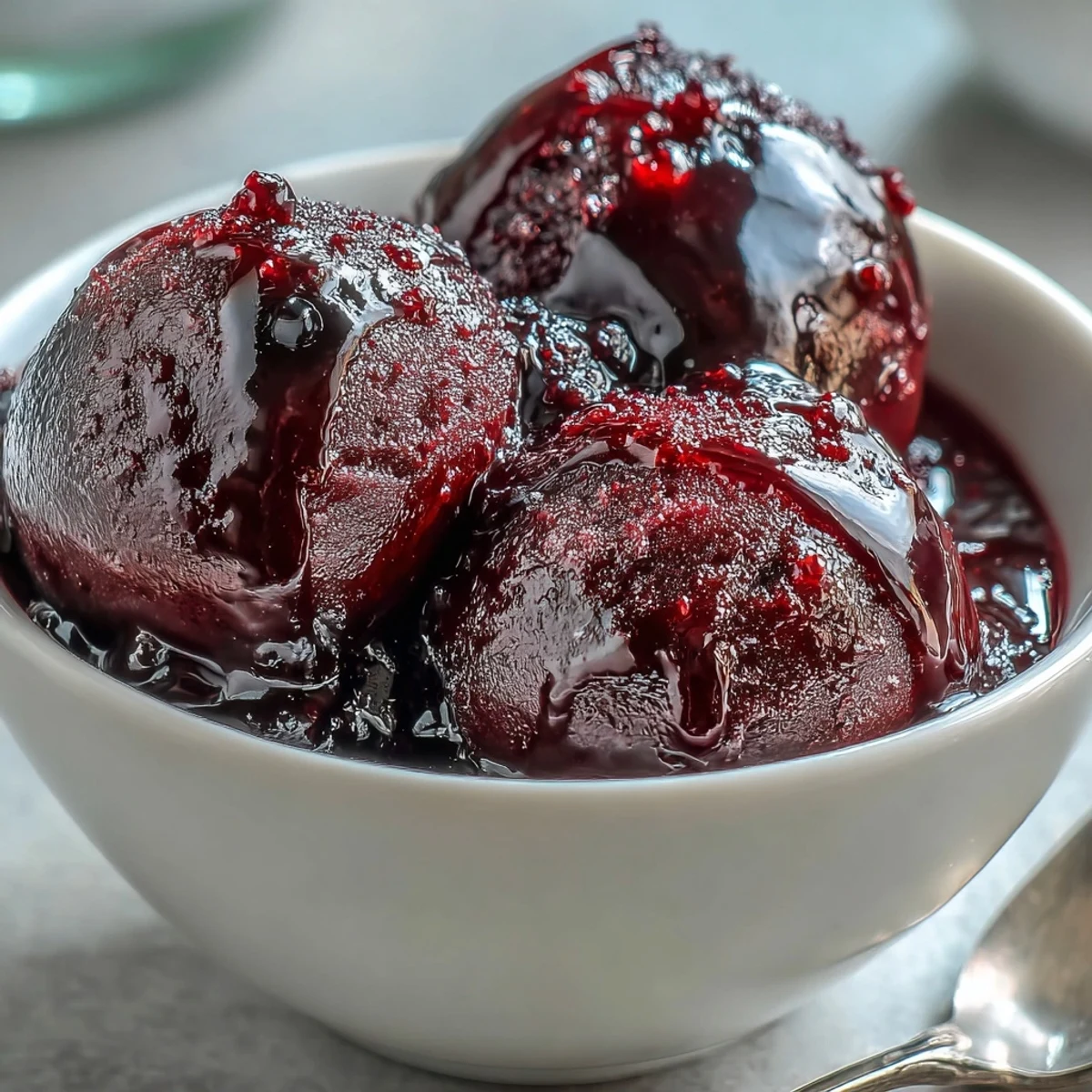 A scoop of vibrant Black Currant Sorbet resting on a small plate next to crisp lemon shortbread cookies, perfect for serving.