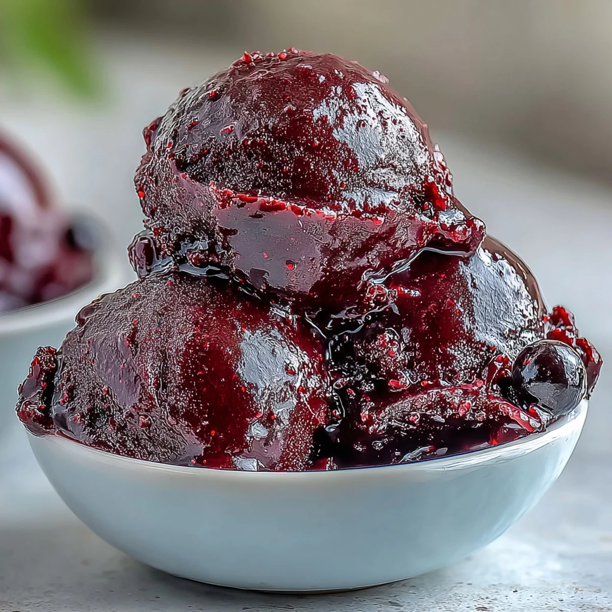 Fresh black currants, lemon slices, and a jar of Black Currant Sorbet arranged on a rustic wooden table for a vibrant dessert presentation.