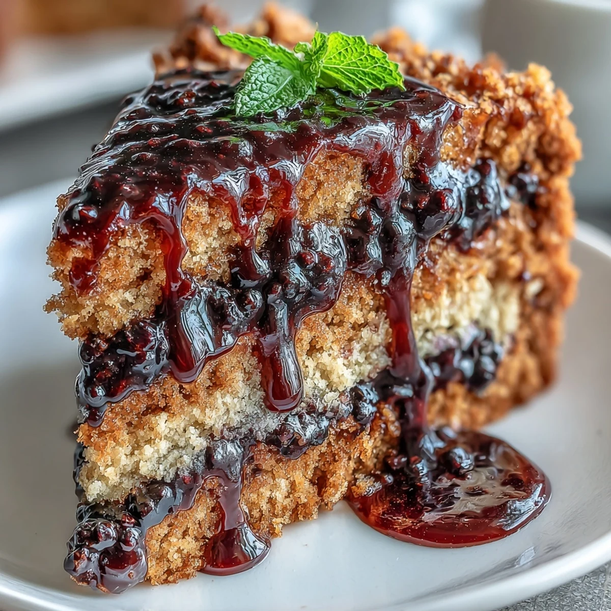 Warm PB and J Cake With Black Currant Sauce plated beside a small pitcher of vibrant sauce, ready for a decadent dessert serving.