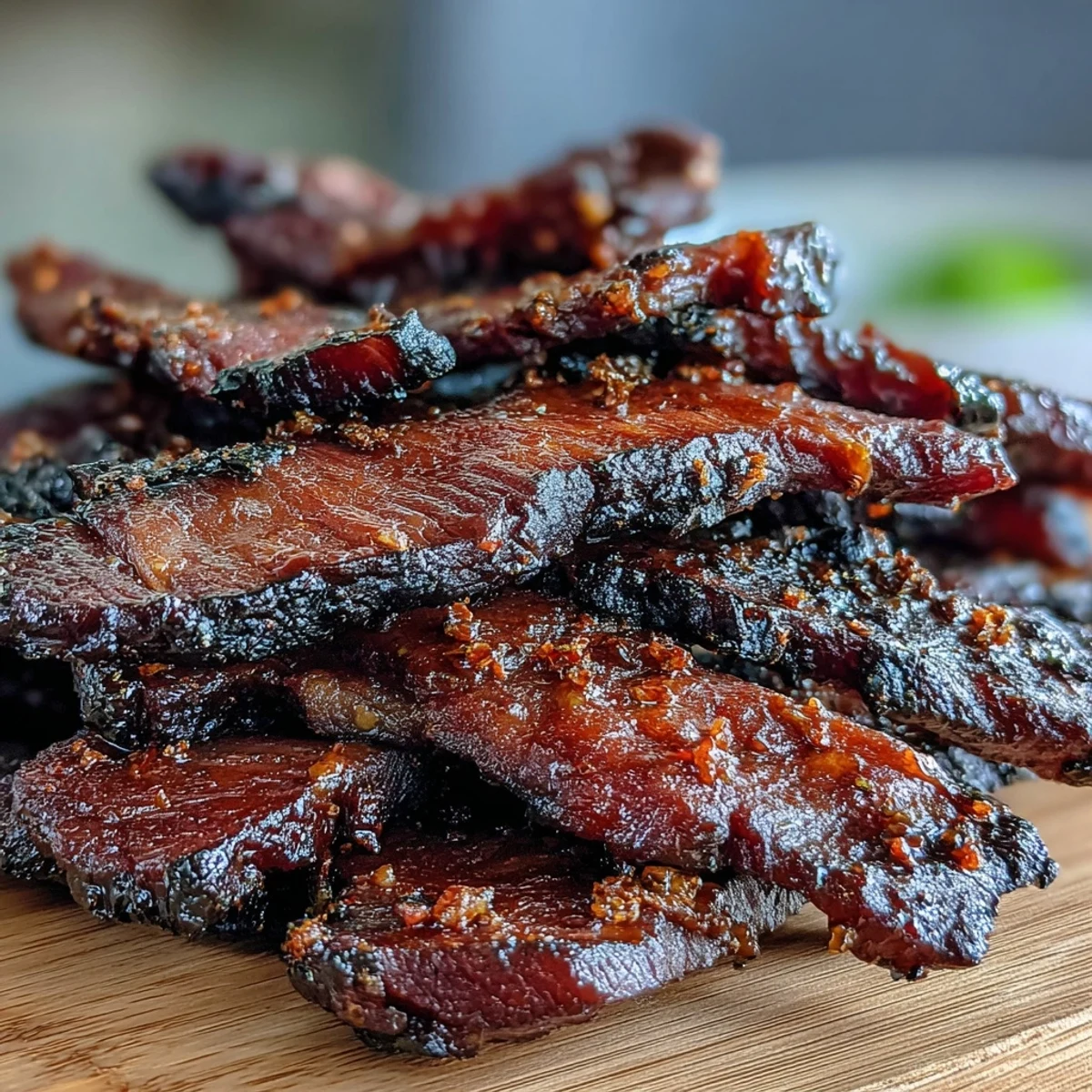 Slices of Black Currant Smoky Jerky display a textured, dark crimson finish, glistening with a light coating of tangy BBQ marinade.