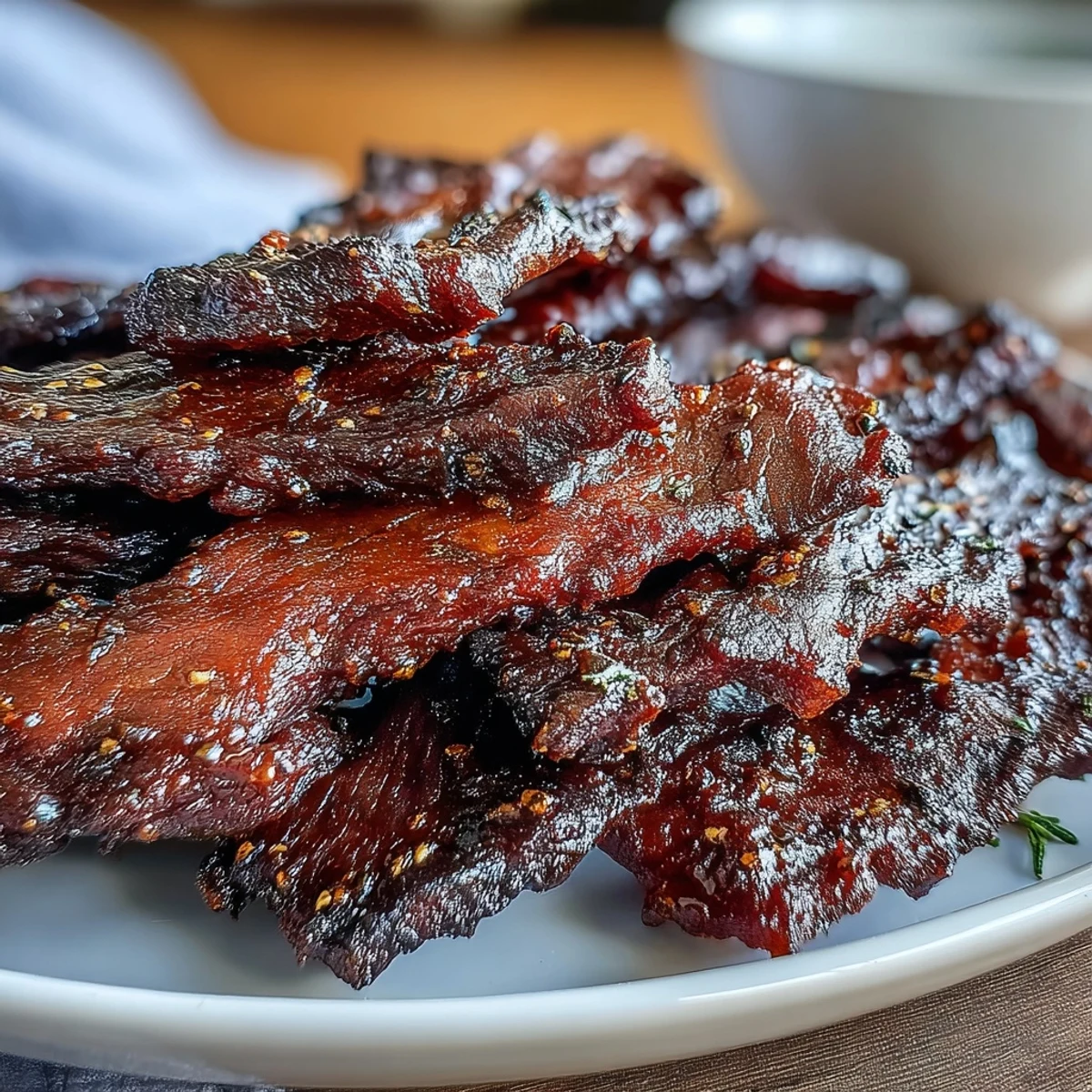 Freshly prepared Black Currant Smoky Jerky rests on a wooden cutting board, accompanied by a bowl of black currant jam and peppercorns.