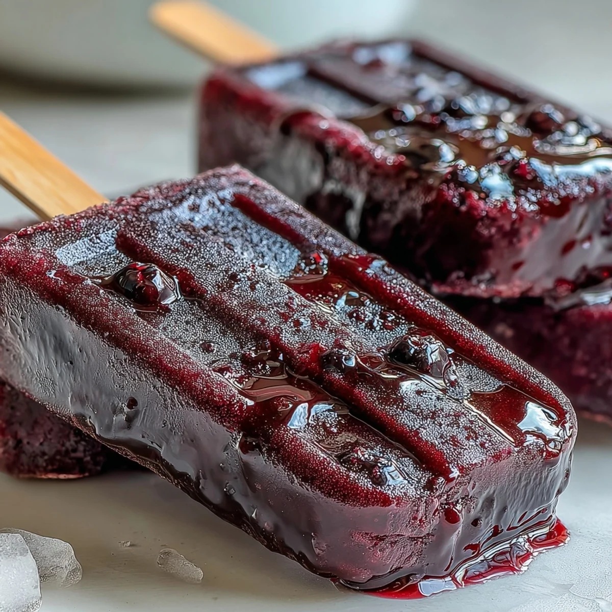 Freshly unmolded Black Currant Popsicles drip with purple juice, featuring visible whole blackcurrants and specks of lemon zest on a rustic wooden surface.