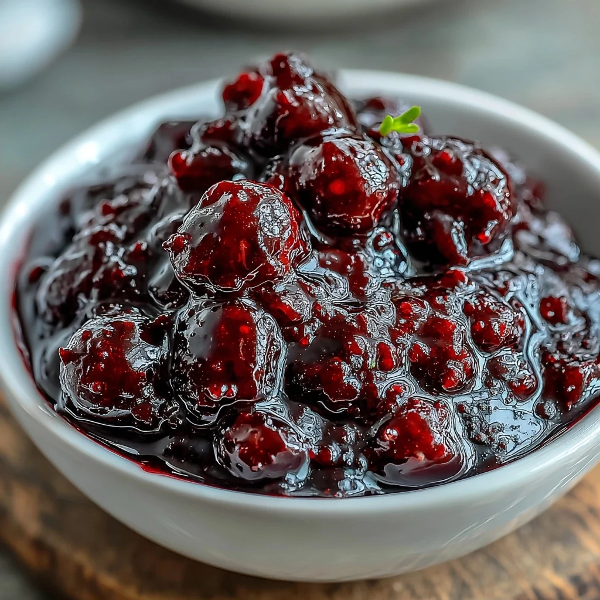 Dark red Black Currant Reduction sauce being drizzled from a spoon onto charcuterie with aged cheddar and fresh thyme sprigs.